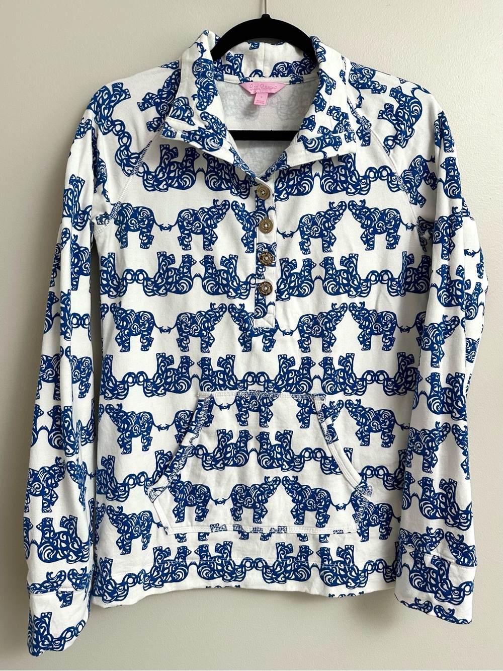 Lilly Pulitzer Elephant Print Blue White Pullover Preppy Coastal Resort S